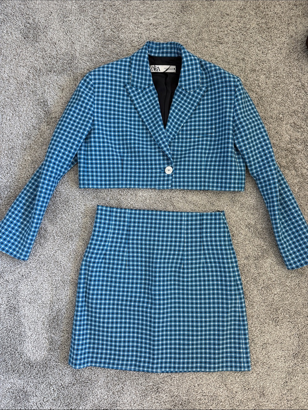 Cropped Plaid Blazer and Mini Skirt Set - Blue